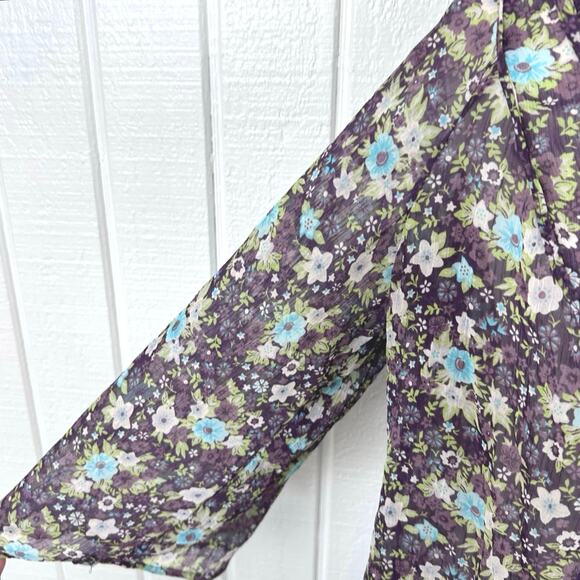 Decree Sheer Floral Boho Peasant Blouse Purple Blue Top Romantic Fairy Size L - Picture 2 of 7